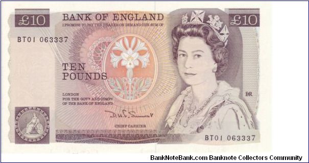 Series D £10 Note.

Chief Cashier DHF Somerset (1980-1988).

Florence Nightingale appears on the back of this banknote Banknote