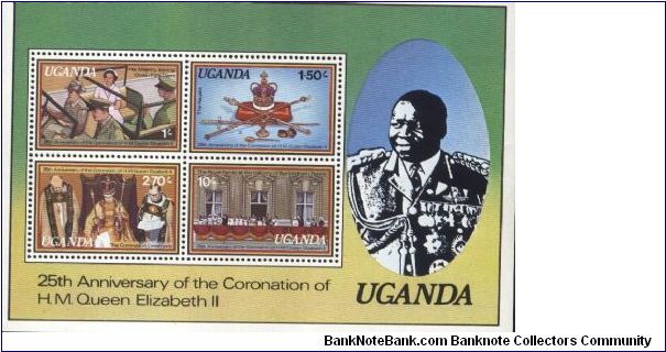 Former President
Idi Amin  of Uganda's Portrait on 1979
Souvenir sheet
Commemorating 25th Anniv. Coronation of Q.E.11 Banknote