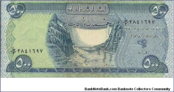 500 Dinars 
Dated 2004, Central Bank Of Iraq. 
Obverse:Ducan Dam on Al Zab river Reverse:Winged Bull statue from the palace complex of Sargon II in Khorsabad.
Watermark:Arabian Horse
Security Thread: Yes
Original Size: 142x66mm
OFFER VIA EMAIL Banknote