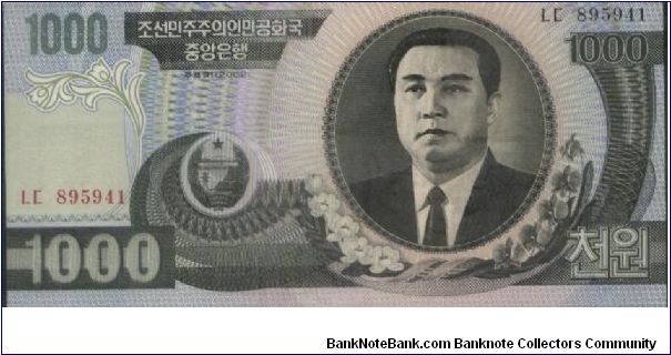 1000 Won Dated 2002 
Obverse:Kim Il Sung
Reverse:Kim Il Sung's birth place
Watermark:Yes Banknote