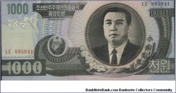 1000 Won Dated 2002 
Obverse:Kim Il Sung
Reverse:Kim Il Sung's birth place
Watermark:Yes Banknote