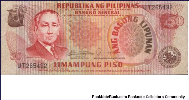 50 pesos dated 1978,Republika Ng Pilipines Bangko Sentral.
Obverse:Sergio Osmena 
Reverse:Building
Watermark:Yes Banknote
