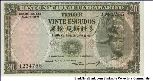 20 Escudos, Banco National Ultramarino. Dated 24 October 1967. Banknote