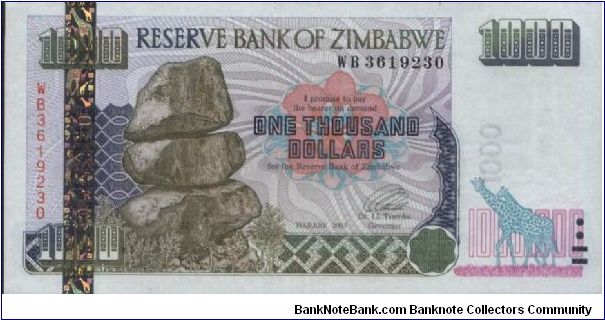 1000 Dollars, Reserve Bank Of Zimbabwe.
Obverse: Chiremba Balancing Rocks in Epworth
near Harare&Giraffes. Reverse: Giraffes& Elephants. Banknote