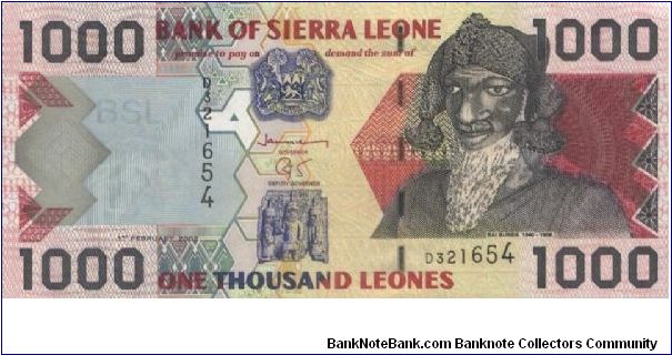 1000 Leones, Bank Of Sierra Leone. Dated 1 February 2002 Banknote