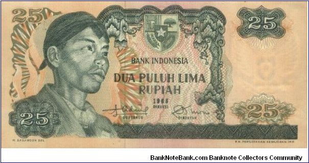 25 Rupiah. Signed By Drs.Radius Prawiro & Soeksmono B.Martokoesoemo.(O)General Soedirman(R)Lift Bridge Of Ampera.Watermark Garuda Pancasila.132x67mm Banknote