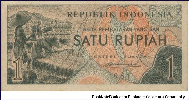 1961 2nd Series Food & Cloths.
1 Rupiah Dated 1961
Signed By RM Notohamiprodjo
Obverse:Peasant
Reverse:Cassava & Corn 
Size:120x60mm Banknote