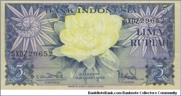 Dated 1st January 1959 Flowers Series. Signed By Loekman Hakim & TRB Sabaroedin. (O)A Flower (R) Birds. Watermark Indonesia Arms Garuda Pancasila. 125x65mm Banknote