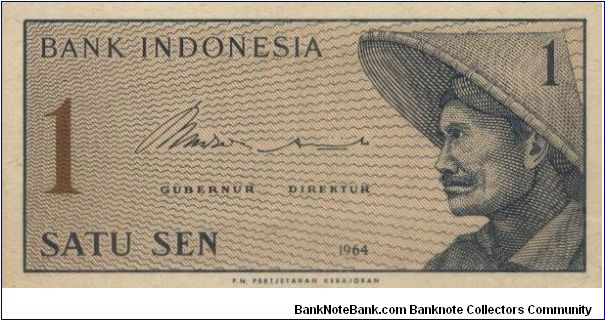 1 Cent Volunteers Series. Signed By Jusuf Muda Dalam & Hertatijanto(O)A Peasant(R)Number 1.104x52mm Banknote