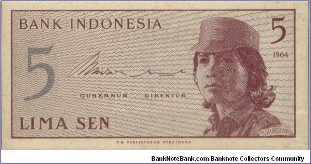 5 Cents Volunteers Series. Signed By Jusuf Muda Dalam & Hertatijanto(O)A Voluntress(R)Number 5.104x52mm Banknote
