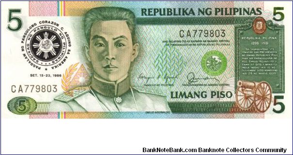 REDESIGNED SERIES 38c (p175b) 1986 Aquino USA Visit  No Folder. Aquino-Fernandez CA020001-CA1000000 CA779803 Banknote