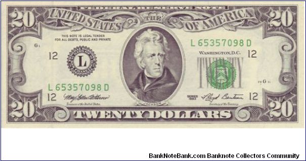 USA $20 note, series 1993.

This note is no longer produced & has been superseeded twice Banknote