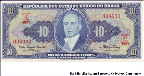 Brazil, 10 Cruzeiros

Dating from the 1950's/1960's Banknote
