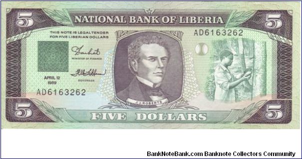 Liberia $5 note dating from 1989, bearing a striking resemblance to the USA & South American notes of the past Banknote