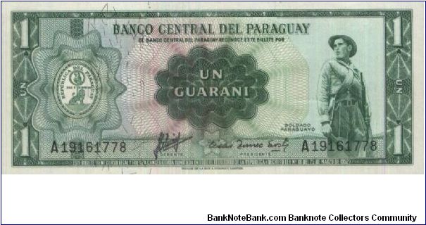 A Series No:19161778,1 Guarani Banco Central Del Paraquay.Dated 25 March 1952.(O)Soldier(R) Palacio Legislativo.Printed By Thomas De La Rue & Company Limited.London Banknote