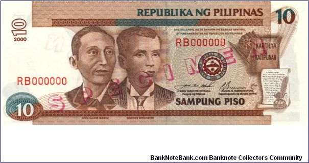 DATED SERIES 52S2 1999 Estrada-Singson (Double Wmk) RB000000 (Specimen) Banknote