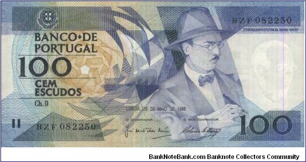 100 Escudos Dated 26 May 1988.
Obverse:Nogueira Pessoa
Reverse:Rosebud
Watermark:Yes Banknote