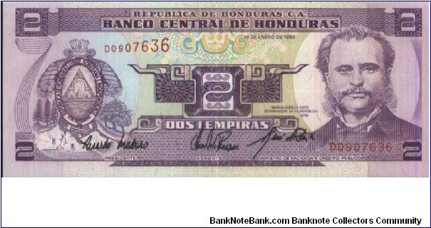 2 Lempiras Dated 14 December 1993. Banco Central De Honduras.(O)Marco Aurejo Soto 1876.Pinted By Thomas De La Rue & Company Limited,London. Banknote