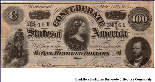 CSA $100 Type 65  Cr-493  Series I  D 28161       Lucy Pickens & George W.Randolph Reg. --  Treas.Miss M.Boyd Banknote