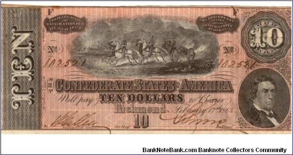 CSA $10 Type 68 Cr-551 Series 9  F 102521     Horse Artillery & R.M.T.Hunter Reg.Miss M.E.Cullen Treas. -- Banknote