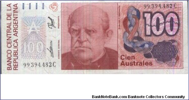 100 Australes,
Banco Central De La Republica Argentina.
Obverse:F. Sarmiento
Reverse:Liberty with torch and shield seated. Banknote