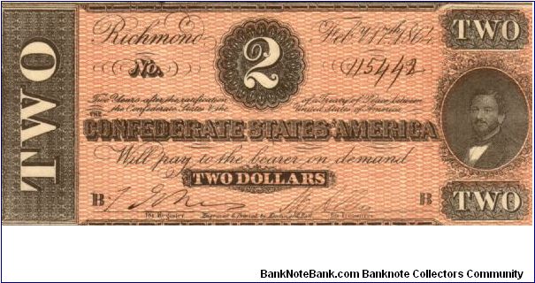 CSA $2 Type 70  Cr-567  No Series B 115442     Judah P.Benjamin   Reg. -- Treas.Miss Maria Allen Banknote