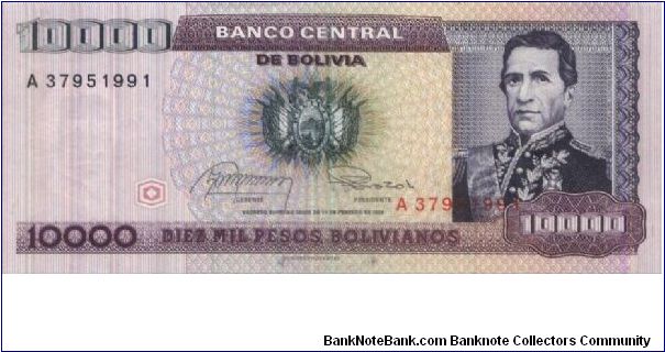 10000 Pesos Bolivianos. A Series No:A 37951991. Banco Central De Bolivia. Banknote