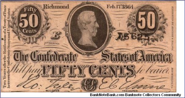 CSA 50c Type 72 Cr-578 (Series 1) E 15625       Bust of Jefferson Davis   Reg.Robert Tyler Treas.E.C.Elmore Banknote