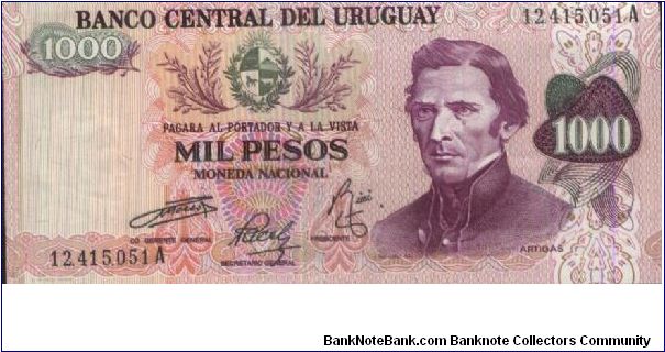 A Series 1000 Pesos. Banco Central Del Uruguay Banknote