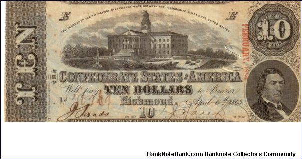 CSA $10 Type 59 Cr-429/11 D 26369 (Overprinted FEBRUARY 1864) Columbia S.C. & R.M.T.Hunter Reg.Johnson Sands Treas.John A.Jones Banknote