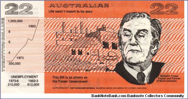 POLITICAL 1983 $22 Anti-Liberal/ Malcolm Fraser Authorised by the Seamens Union Banknote