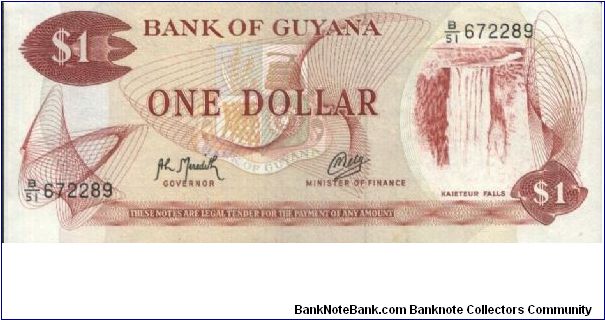 1 Dollar Bank Of Guyana.(O)Kaieteur Falls(R)Black Bush Polder & Rich Harvesting.Printed By Thomas De La Rue & Company Limited,London. 157x66mm. Security thread:
Yes.Watermark:
No Banknote