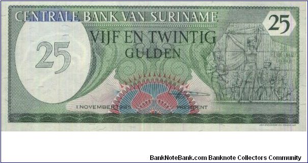 25 Gulden Dated 1 November 1985.Central Bank Of Surinam.(O)Women Soldiers. Banknote