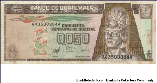 A Series 1/2 Quetzal No:A43500984A Dated 9 January 1998. Banco De Guatemala.(O)Tecun Uman(R)Tikal. Banknote
