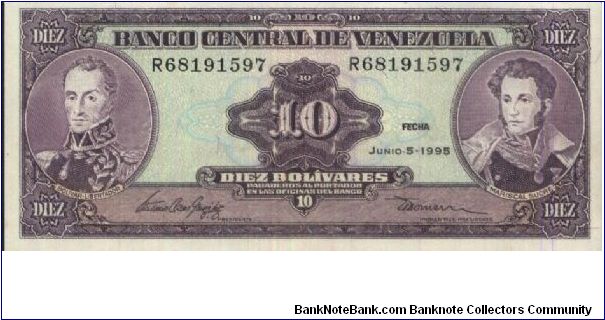 10 Bolivares Dated 5 June 1995

Obverse:Bouvar Libertador & Mariscal Sucre

Reverse:Monument

Security Thread:Yes

OFFER VIA EMAIL Banknote