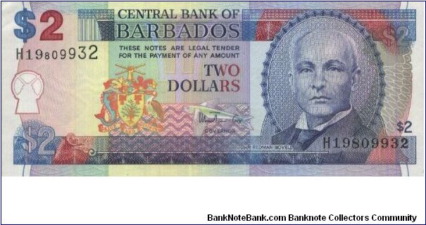 2 Dollars.(O)John Redman Bovell(R) Trafalgar Square in Bridgetown.Printed By Thomas De La Rue & Company Limited,London. Banknote