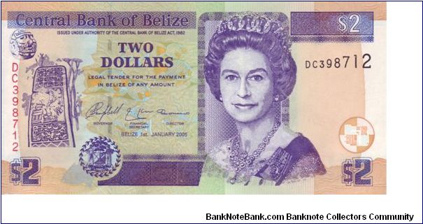 Belize $2 from 2005 Banknote