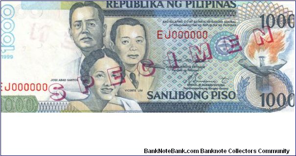 DATED SERIES 61S2 1999 Estrada-Buenaventura EJ000000 (Specimen) Banknote
