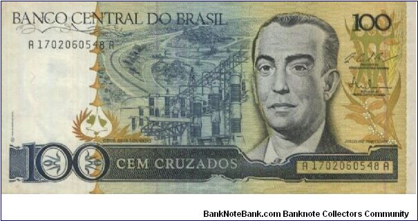 Running Series 
No:A1702060548A 100 Cruzados Dated 1987(O) President J. Kubitschek. Banknote