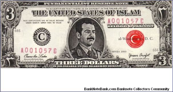 POLITICAL Anti-Saddam Hussein $3 (Reverse..Flag) Limited Edition by Stephen Barnwell Banknote