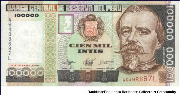 A Series Peru 100000 Intis No:A6498687L Dated 21 December 1989 
Obverse: Peruvian Military Hero Francisco Bolognesi Cervantes,
Reverse:Lago Titicaca (lake) With Ancient Peruvian Sailing Reed Boats(Multicolour Printed).OFFER VIA EMAIL Banknote