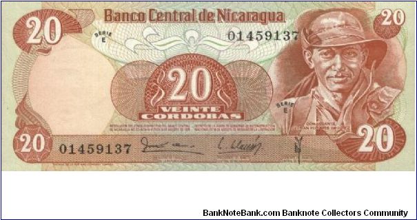 20 Cordobas,Banco Central De Nicaragua(O)Comandante German Pomares Ordanez(R)Soldiers On Paraded.Printed By Thomas De La Rue & Company Limited,London. Banknote