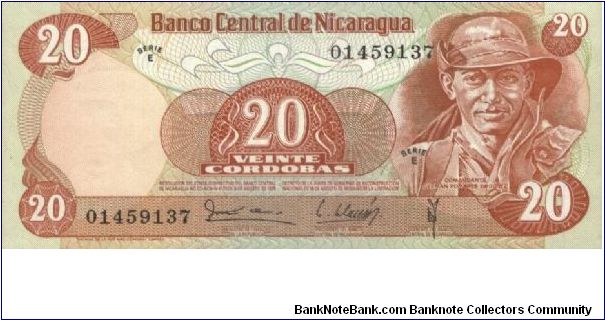 20 Cordobas,Banco Central De Nicaragua(O)Comandante German Pomares Ordanez(R)Soldiers On Paraded.Printed By Thomas De La Rue & Company Limited,London. Banknote