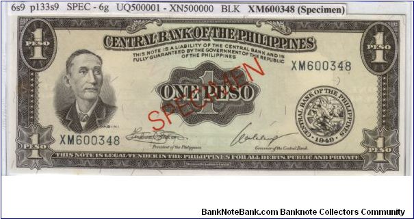 ENGLISH SERIES SPECIMEN 1 peso 6S9 (p133s9) Marcos-Calalang XM600348 (Specimen) Banknote