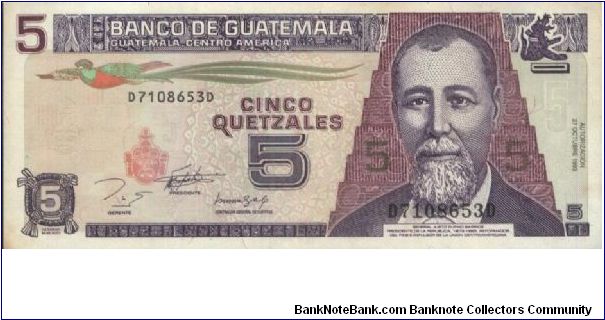 5 Quetzales Dated 27 October 2003,Banco De Guatemala(O) 
General Justo Rufino Barrios(R) Classroom Scene. Banknote