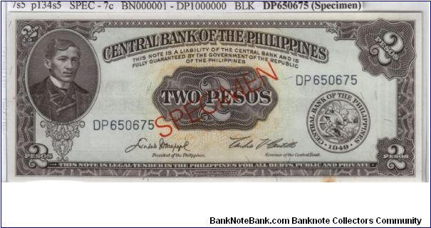 ENGLISH SERIES SPECIMEN 2 peso 7S5 (p134s5) Macapagal-Castillo DP650675 (Specimen) Banknote