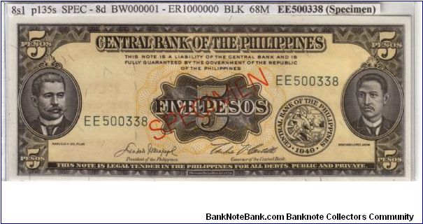 ENGLISH SERIES SPECIMEN 5 peso 8S4 (p135s4) Macapagal-Castillo EE500338 (Specimen) Banknote