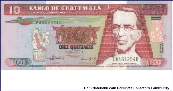 10 Quetzales Dated 2003,Banco De Guatemala(O)
General Miguel Garcia Granados(R)National Assembly session of 1872. Banknote