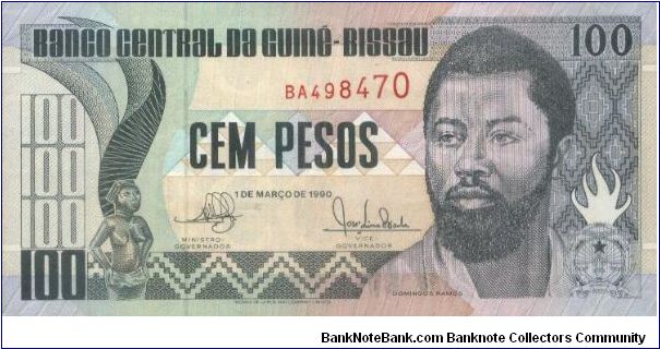 100 Pesos Dated 1 March 1990,Banco Central Da Guine-Bissau(O)D. Ramos(R)Nude carving.Printed By Thomas De La Rue & Company Limited,London. Banknote