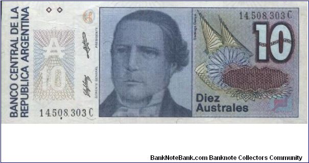 10 Australes Dated 1985,Banco Central De La Republica Argentina(O)Santiago Derqui(R)Progreso. Banknote